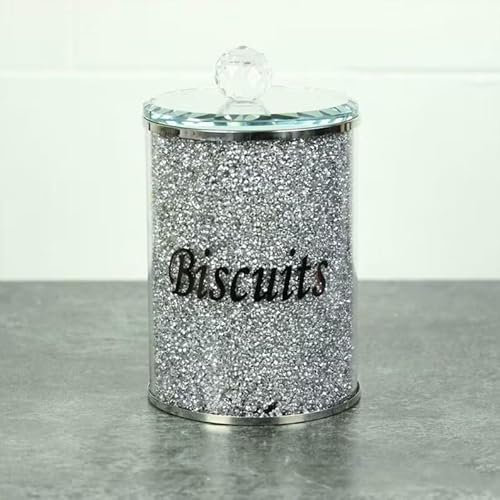 JAYOGLA Glass Silver Biscuit Jar | Diamond | Crushed | Crystal Filled | Silver Trimmings
