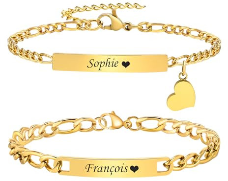 XUANPAI Partnerarmbänder mit Gravur Pärchen Armband Personalisiert - Paar Armbänder mit Namen aus Edelstahl Figaro Kette Partnerarmband Verstellbarer Partner Armband in Gold