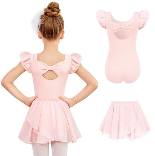 Arshiner Mädchen Ballettkleidung Ballettkleid Kurze Ärmel Balletttrikot Rosa Baumwolle Ballettanzug Bowknot Tanzbody mit Chiffon Wickelrock Tütü Ballett Tanzkleid 2tlg für Kinder 2-3 Jahre