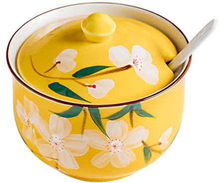 Dowbom Sugar Bowl With Lid And Spoon, 300ml Storage Jar, Flower Sugar Container, Sugar Jar, Sugar Pot, Sugar Dish (Yellow)