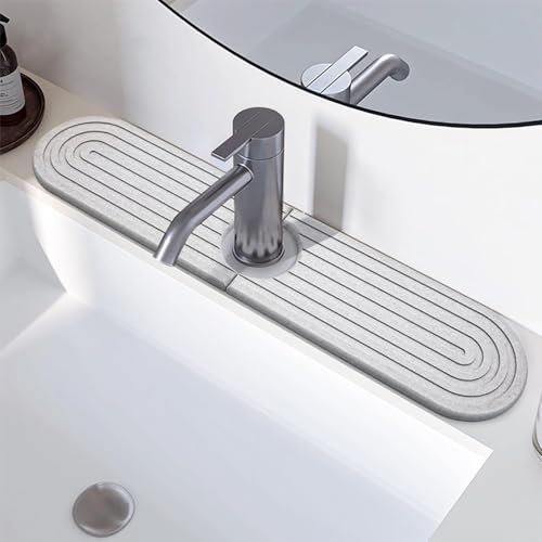 Lxoraziy Diatomite Faucet Absorbent Mats Sink Splash Guard, Stone Drying Mat for Kitchen Counter, Faucet Splash Guard Mat for Bathroom Counter(Light Gray, 45 * 10cm)