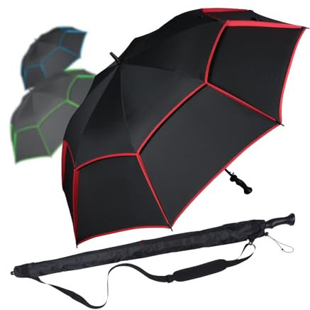 iX-brella 146 cm XXXL Fiber-Golfschirm Automatik doppeltes Dach mit Ventilationsbezug - schwarz-rot