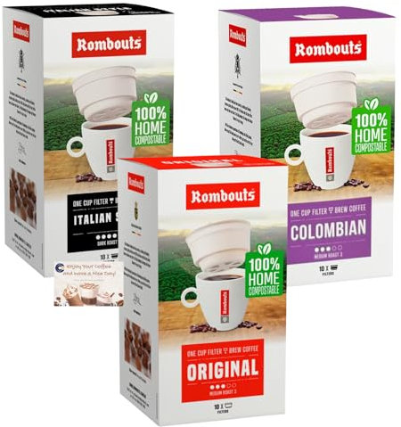 Rombouts One Cup Filter Coffee Variety Bundle - Original, Italian Style, and Colombian (10 Filters Each, 70g Per Pack)