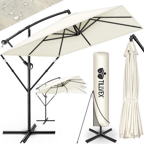 tillvex® Sombrilla de Jardín Rectangular Ø 330 cm con Manivela + Funda con Manivela | Sombrilla con soporte & Protección Viento | Parasol mercado impermeable + Protección UV (Beige - sin LED)