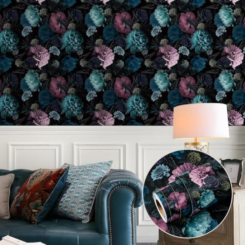 Stickyart Tapete Selbstklebend Blumentapete Retro Blau&Lila 44.5cmX700cm Klebefolie Möbel Möbelfolie Selbstklebende Deko Folie Tapete Schlafzimmer Vintage Wanddeko Wandtapete Wohnzimmer Schlafzimmer