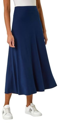 Roman Jersey Skirt for Women UK - Ladies Midi Maxi Floral Animal Print Autumn Winter Swing Smart Casual Office Cocktail Party Going Out Evening Holiday Cruise - Plain Navy - Size 12