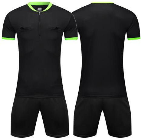GEF1573ANTU Men's Soccer Referee Uniform Short Sleeve Pro Referee Soccer Jersey Sportswear Training Shirts Shorts Suit (Black, 2XL: 68-70inch;154-176 LB)