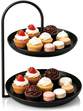 2 Tiered Tray Stand, Rustic Cupcake Stand Tiered Serving Tray Tea Party Serving Platter Wedding Decor for Display Fruits Dessert (Black)