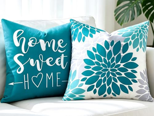 Kissenbezug 40x40 Frühling Türkis und Grau Blume Muster, 2er Set Weichem Kurzflor Kissenbezüge mit Moderner Dahlie Design, Deko Kissenhülle Für Sofa Sofakissen in Wohnzimmer Schlafzimmer Garten