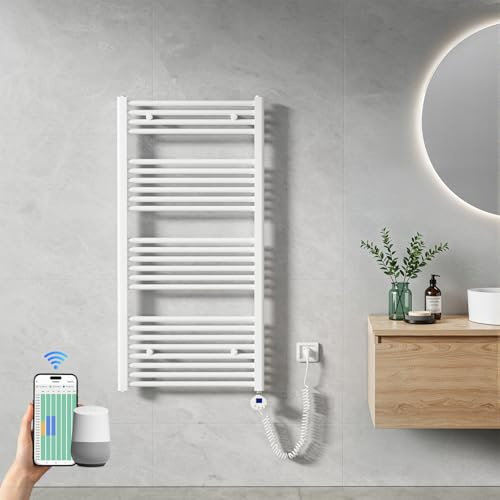 Heilmetz Handtuchheizkörper Elektrisch 1200 x 600 mm, Smart WiFi Thermostat Elektrischer Badheizkörper, steuerbar per Tuya App und Sprachassistenten (Alexa/Google Home), Handtuchwärmer Weiß 600W
