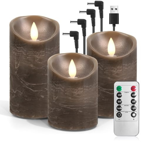 AnnSpa 3 Set Led Kerzen Aufladbar mit Fernbedienung, Wiederaufladbare Kerzen Flammenlose Echtes Wachs Flackern Moving Wick Yellow Light Pillar Candles mit Timerfunction für Geschenke - Braun