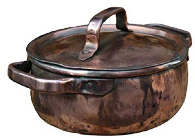 Pentola in Rame Stagnata, Casseruola Tradizionale Fatta a Mano con Interno Stagnato, 20 cm, Ideale per Risotti, con Coperchio e Manici, Finitura Rame Anticato
