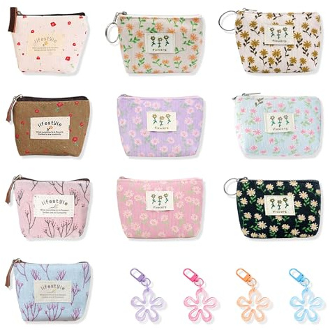 PYSEOSISE Mini Geldbörse Canvas, 10 Stück Mini Geldbeutel mit Reißverschluss, Blumen Kleine Portemonnaie Kleine Täschchen mit Schlüsselanhänger für Münzen Karten Schlüssel Kopfhörer
