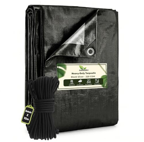 GARDENIX 2m x 2m Black Heavy Duty 220gsm- eyelets every 50 cm Tarpaulin Waterproof Tarp Sheet Cover, Groundsheet, Multipurpose, Reinforced + 10 Metres of 6mm Bungee Rope
