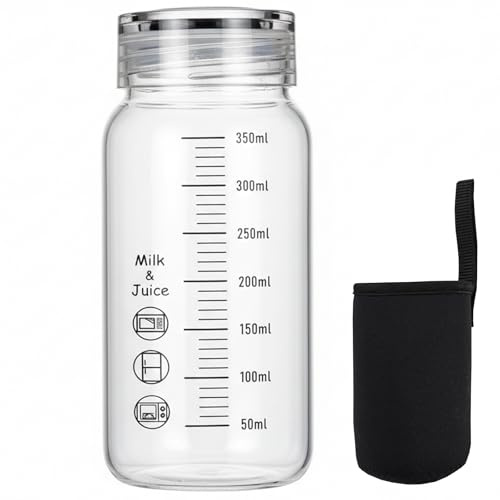 Ameble 350ml Clear Glass Water Bottle with Measurement Markings, Leak-Proof Lid & Insulated Sleeve, Microwave Safe Travel Coffee Cup