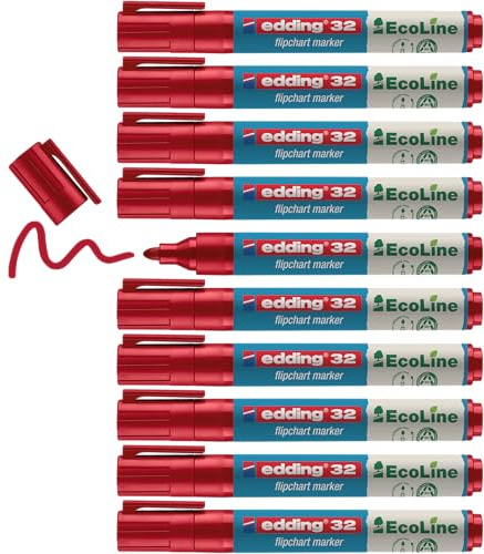 edding 31 EcoLine Flipchartmarker - rot - 10 Stifte - Rundspitze 1,5-3 mm - zum Schreiben, Zeichnen auf Flipcharts - Tinte schlägt nicht durch Papier - trocknet nicht aus - nachfüllbar