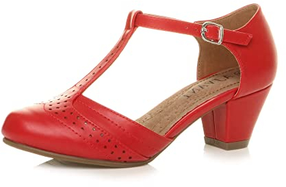 Ajvani Womens Ladies mid Block Heel t-bar Cut Out Buckle Brogue Shoes Sandals, Red Matte, 4 UK
