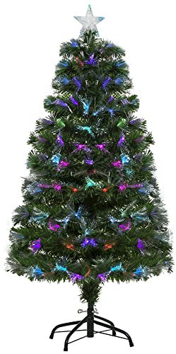 HOMCOM Albero di Natale 120cm con 130 Luci a LED e Fibre Ottiche Colorate, 130 Rami in PVC Ignifughi e Base in Metallo