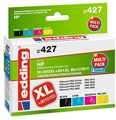 edding Tintenpatrone EDD-427 ersetzt HP 950XL/951XL (CN045/CN046/CN047/CN048) Multipack 4 - Schwarz, Cyan, Magenta, Gelb - 1x 75ml + 3x 30ml