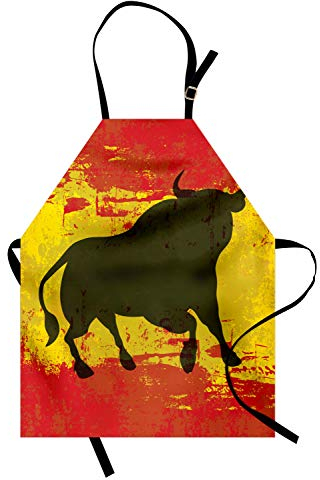 ABAKUHAUS Spanisch Kochschürze, Bull Silhouette auf Flagge, Unisex-Küchenlätzchen mit verstellbarem Hals für Kochen Gartenarbeit, 67 cm x 80 cm, Orange Gelb