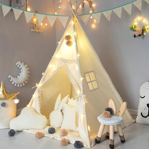 TreeBud Kinder Tipi Zelt mit gepolsterter Matte, Banner, Wollknäuel, Tragetasche, Elfenbein Baumwolle Leinwand Spielzelt für Kinder mit Quasten und Spitze, Spielhaus für Kinderzimmer Dekor