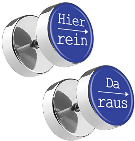 Piersando Damen Herren Ohrstecker mit runder Platte Doppel Kreis Ohrringe Fake Ohr Motiv Plug Piercing Spruch Hier rein Da Raus Blau 12mm