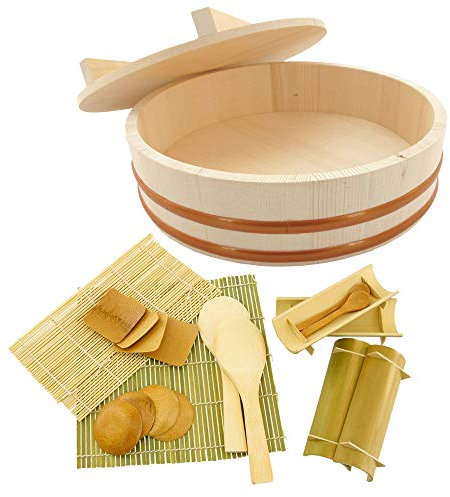 BambooMN 14.2 Hangiri Oke Sushi Rice Cooling Bowl/Tub with Lid, 19 Pieces Making Serving Accessory Kit - Extra Large