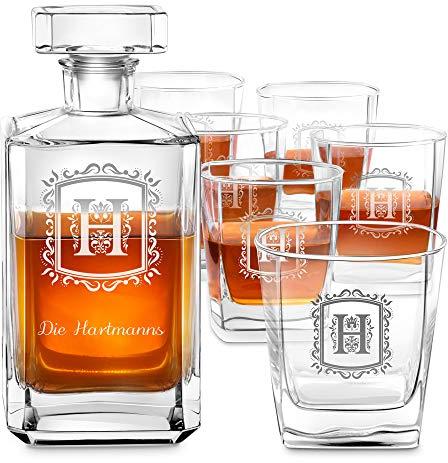 Maverton Whiskey Karaffe + 6er Whiskygläser Set mit Gravur - 700ml Whisky Dekanter - Weihnachtsgeschenke - Geschenk zum Hochzeitstag für Paar - Buchstabe