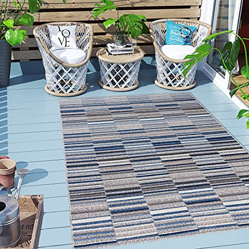 Carpeto Rugs Streifenmuster Outdoor Teppich Wetterfest für Balkon, Terasse - Balkon Teppich Wasserfest - Outdoorteppich Wetterfest - Aussenteppich Terrasse Groß - Grau Blau 1-140 x 200 cm