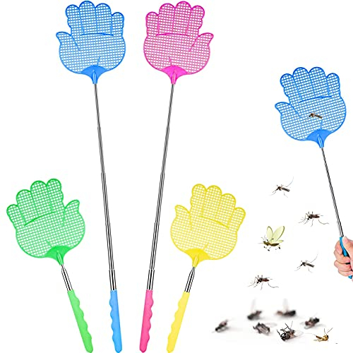 4 Piezas Matamoscas Extensible Grande Matamoscas Manual Plástico con Mango Telescópico,Control Manual de Swat Ajustable para Moscas, Mosquitos, Avispas, Plagas,Extensión Telescópica 28-74cm