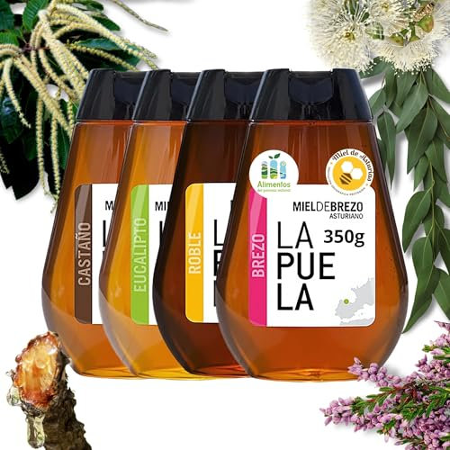 LAPUELA Pack Miel 100% Natural – Sabores Únicos con Beneficios Saludables – Miel Pura Cruda y Artesanal – Producción Tradicional Asturias (1400, Roble/Castaño/Brezo/Eucalipto)