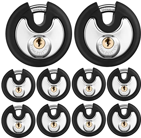 Chumia 10 Pack 70 mm Keyed Alike Padlocks Outdoor Round Stainless Steel Discus Pad Lock with Keys for Storage Unit, Sheds, Garages and Fence, Rubber Bumper Sheath (Black)