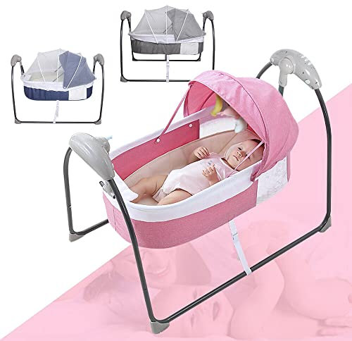 Babyschaukel, Tragbare Babywippe mit Fernbedienung Elektrisch Baby Wippe Schaukel 5 Schaukelgeschwindigkeiten Auto Swing Babybett (Rosa)