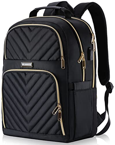Kuosdaz Backpack Women, 15.6 Inch School Backpack Girls Teenager with USB Charging Port, Laptop Backpack Stylish Daypack Waterproof for School, Uni, Travel, Work, Black