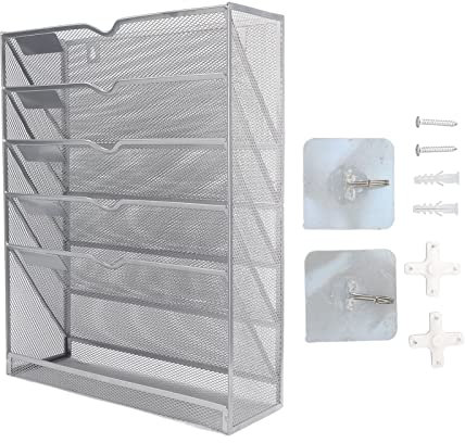 Hängender Wandordner mit 5 Fächern, 32 x 40 x 10 cm Metall Drahtmetal Zettelbox Schwarz Wandhalterung Briefhalter Aktenordner Organizer für Büro