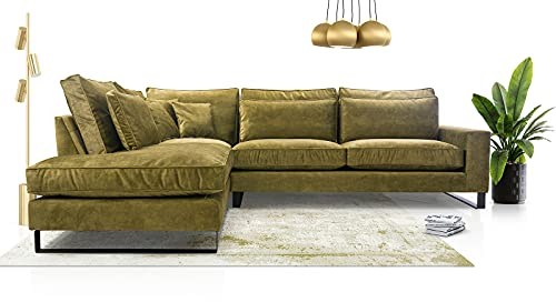 Ecksofa mit Kissen 90x310x224 cm CORBLACK Kollektion - Elegante Polstersofa - Große Couch L Form für Wohnzimmer Freistehendes L-Sofa - Eckcouch 4 Sitzer Grün Linke Seite
