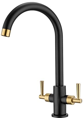 Peppermint Robinet de cuisine monobloc à double levier - 1 trou - Noir mat et or brossé - Pour cuisine - Col de cygne