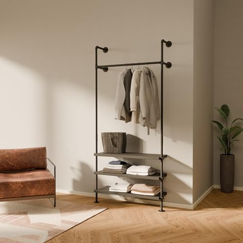 pamo Kleiderstange Wandmontage 180 kg Traglast – offener Kleiderschrank | industrial schwarz aus Metall Wasserrohren mit Böden aus robustem Metall