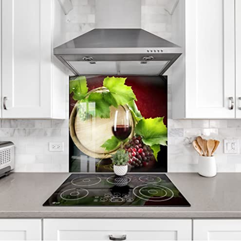 Myphotostation Tempered Glass Splashback 28Wx18H'-Red Wine Backsplash Design Cooker Grape Backsplash Panel Glass Splashback for Kitchen Panel Design Barrel Splashback for Stove