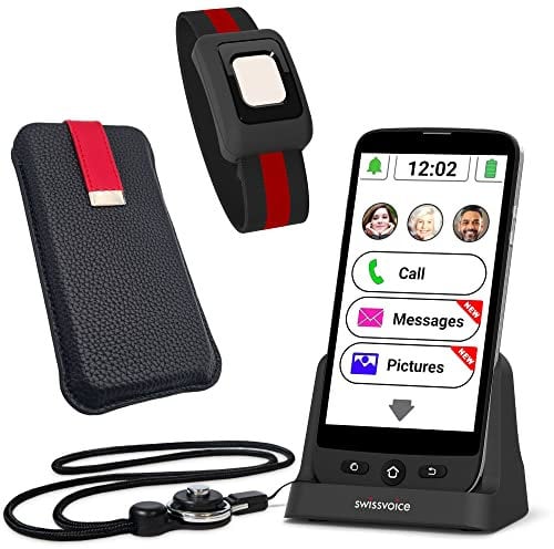 SWISSVOICE S510-C Senior Mobile Phones for Elderly with Dock Station SOS Bracelet Slip Case and Lanyard - Big Button Mobile Phone - Unlocked SIM Free Easy Smartphones for Seniors - SOS button Black
