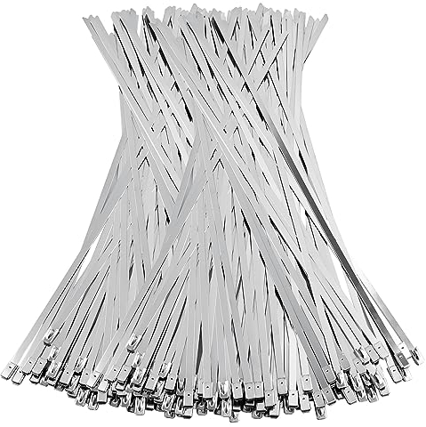 100 Stück Edelstahl Kabelbinder, 300 x 4.6 mm, SUS 304-Metall UV-beständig, Abnehmbare Stahl für Auspuffwicklungen, Kabelbündelung, Gartenpflege, Zaunbefestigung und Sonnensegel