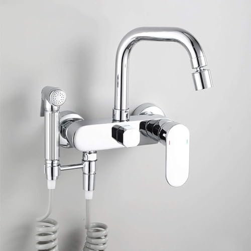 JQFDD Miscelatore da Cucina a Muro, a Parete, con Doccetta Girevole, Lavello della Cucina a 2 modalità 2 Maniglie Caldo e Freddo, Lavatoio Lavanderia Rubinetto in Ottone-Chrome B