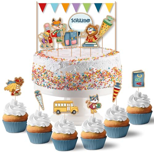 Papierdrachen Cake Topper Superhelden Tiere - Kuchendekoration Kuchen Topper 19-teilig - Decor Pins für Einschulungskuchen - Einschulungsfeier Tortendeko - Set 4