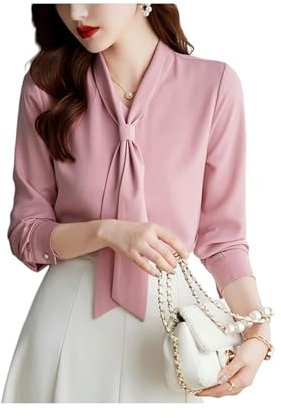 KWTF Abbigliamento Moda Coreana Camicia da Donna in Raso Solido Drappeggiato con Fiocco Collo Manica Lunga Gialla Elegante Camicetta di Lusso Top da Donna Femminile