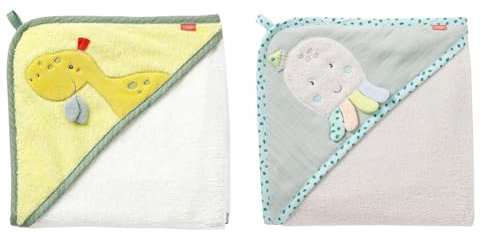 Fehn Badetuch Baby Dino - Badehandtuch Kinder Poncho aus Frottee & Badetuch Baby Oktopus - Badehandtuch Kinder Poncho aus Baumwolle