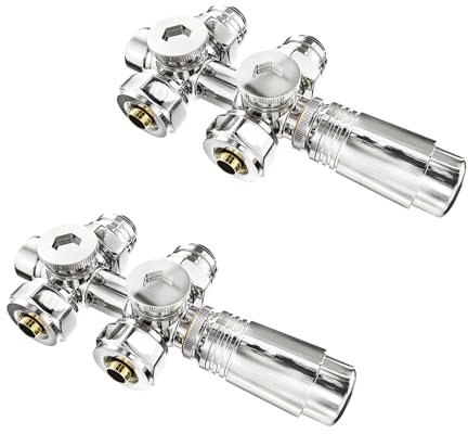 Heilmetz Vanne thermostatique 2 pièces,vanne universelle avec thermostat pour radiateurs et seche serviette,10 bar,7 niveaux réglables, Kit de raccordement central(Chrome)