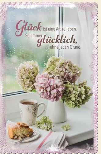 Skorpion Grußkarte Blumenfenster der Lebensfreude - Positives Wohlfühlambiente mit Tasse, Kuchen & Hortensienmotiv - mit Umschlag