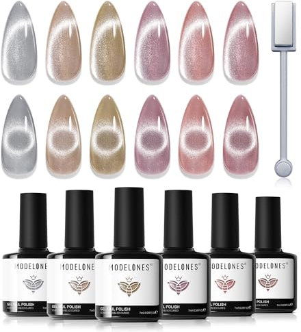 Modelones UV Nagellack,6 Farben Gel Nagellack UV mit Magnet, Cat Eye Nude Lila Rosa Glitzer Serie Soak Off Nail Polish French Manicure DIY zu Hause Geschenke,7 ml