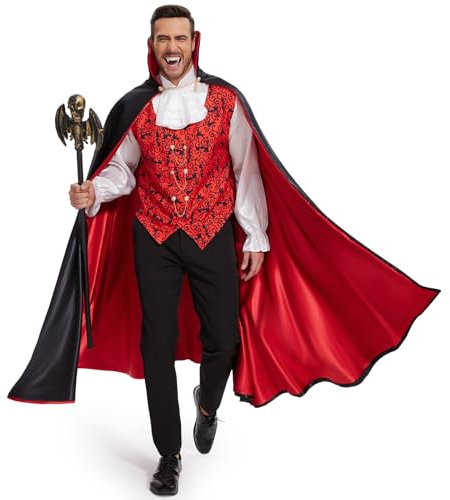 BuzzoXerex Vampir Kostüm Herren - Edles Mittelalterliches Kostüm mit Vampir Umhang, Blumenkragen-Hemd & Fledermaus-Zepter für Halloween Party & Cosplay (M)