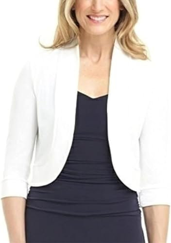 Women's 3/4 Sleeve Bolero Shrug Open Front Solid Short Cardigan Cropped Crop Tops for Dress Spring Fall Sweaters Jackets (A-White, M)